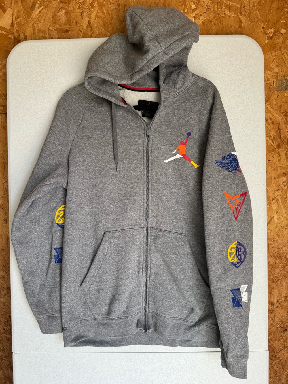 Gray Jordan Jumpman Zip-Up Hoodie with Multicolor Sleeve Patches